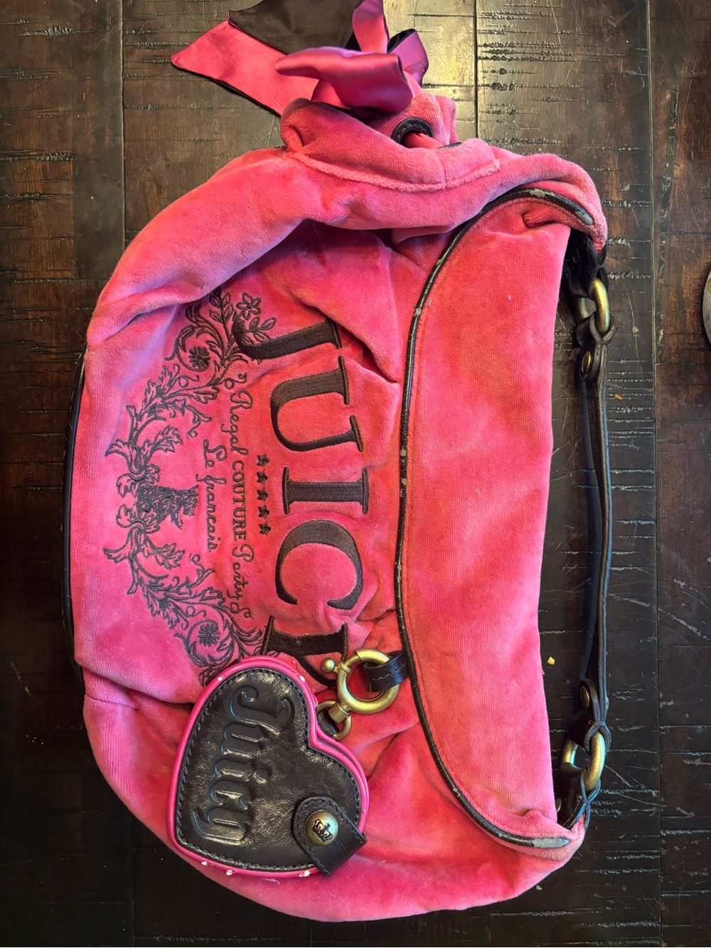 Juicy Couture Hot Pink Suede Shoulder Bag with Heart Charm